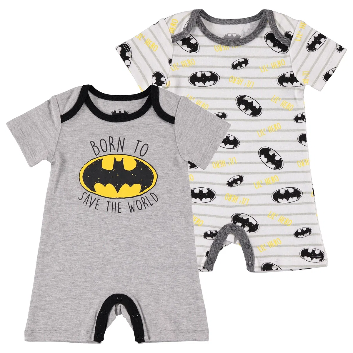 DC Comics Newborn Infant Baby Boys' Romper Bodysuit 2 Pack (Grey/Black/Yellow, 6-9 Months)
